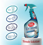 Simple Solution cat stain eliminator bottle placed next to a clean living room fabric sofa.