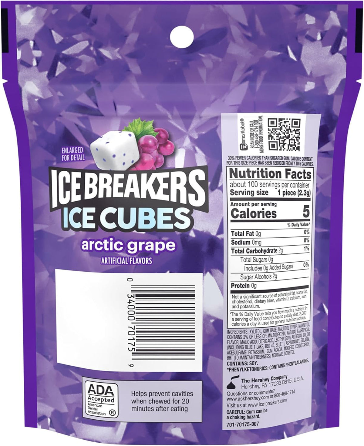 Resealable packaging of Ice Breakers sugar free grape chewing gum cubes