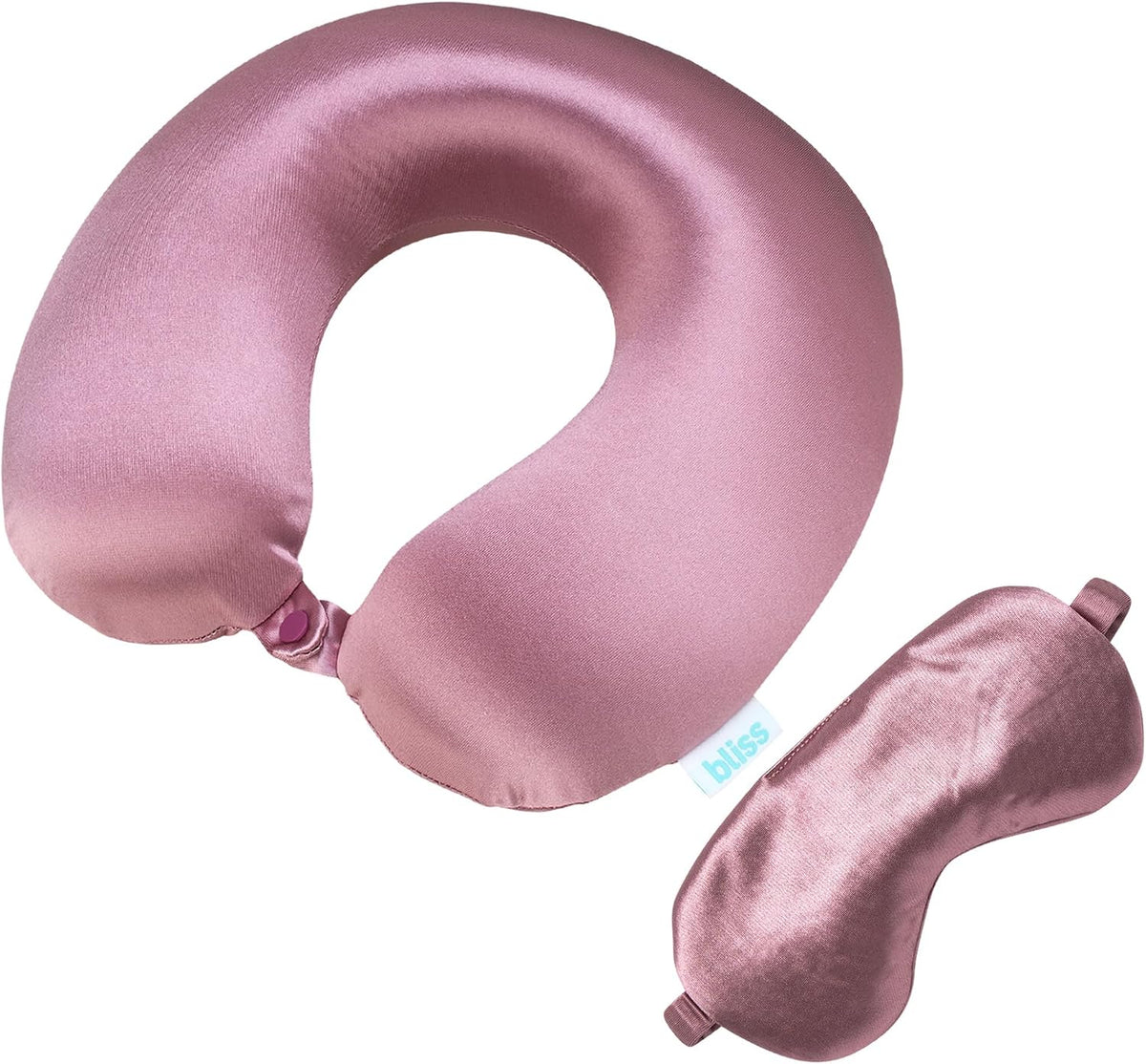 Complete travel kit including the green memory foam pillow and soft eye mask from Bliss.