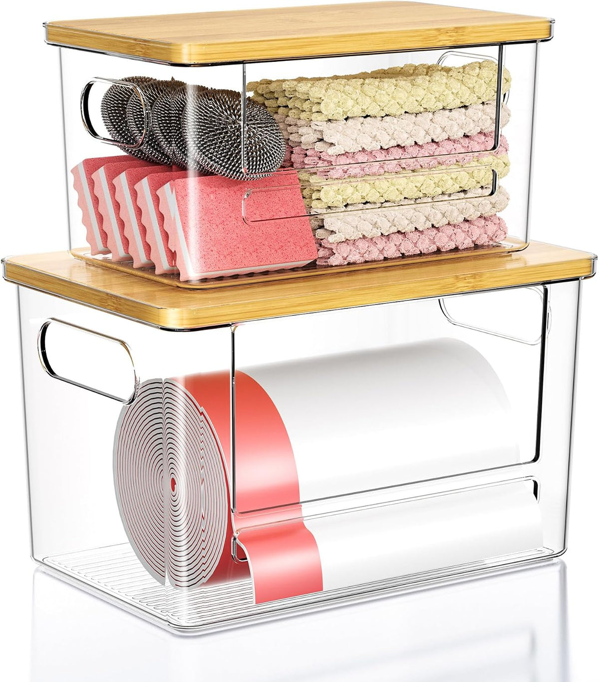 Trash Bag Dispenser 2 Pack - Under Sink Organizer, Plastic Bag Holder | Stackable Acrylic Garbage Bag Storage with Bamboo Lid for Kitchen Cabinet, 13/30/33 Gallon Grocery Bag Dispenser - Image 10