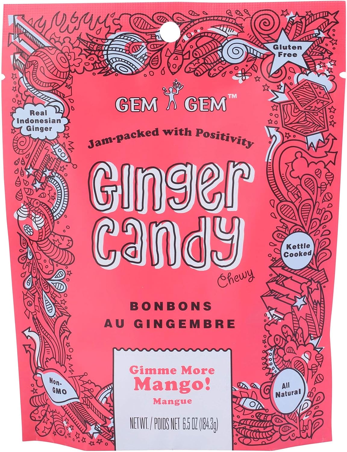 Three pack bundle of Gem Gem tropical mango ginger candy snacks.