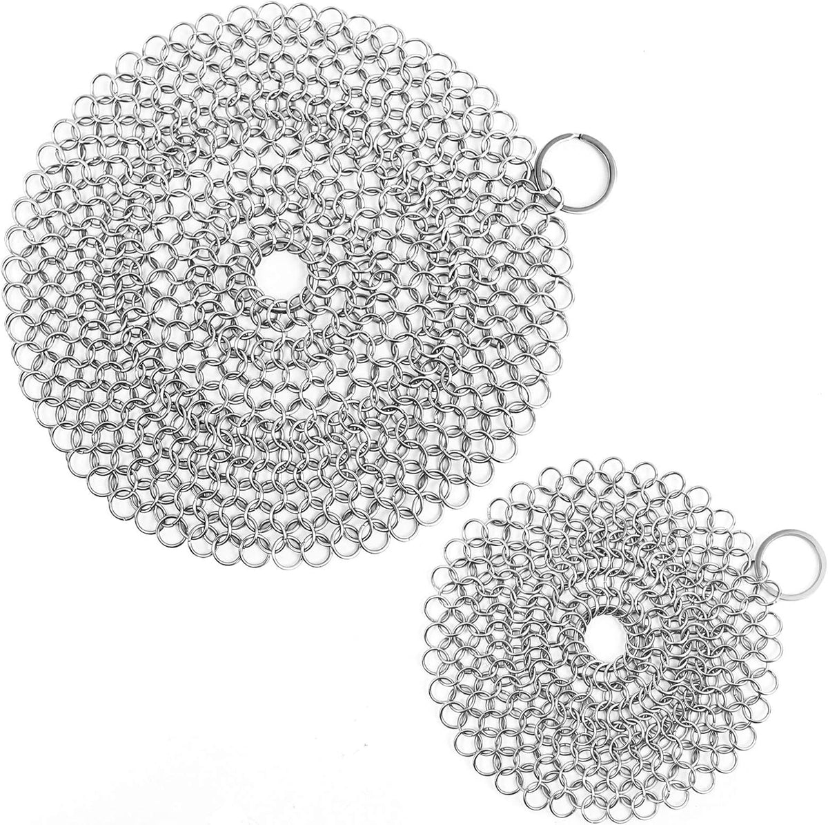 ONEEKK Cast Iron Skillet Cleaner Chainmail 2 pack front view stainless steel scrubber