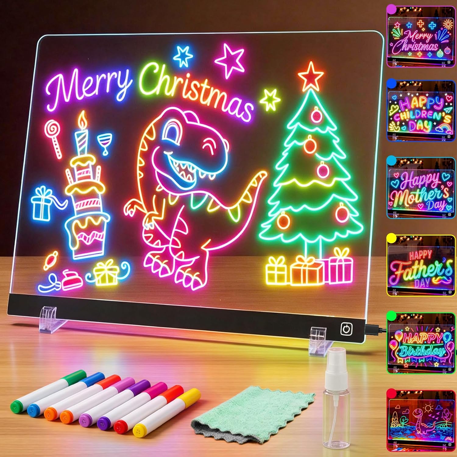 CUJGT Lumiboard LED drawing board for kids front view showing illuminated neon colors