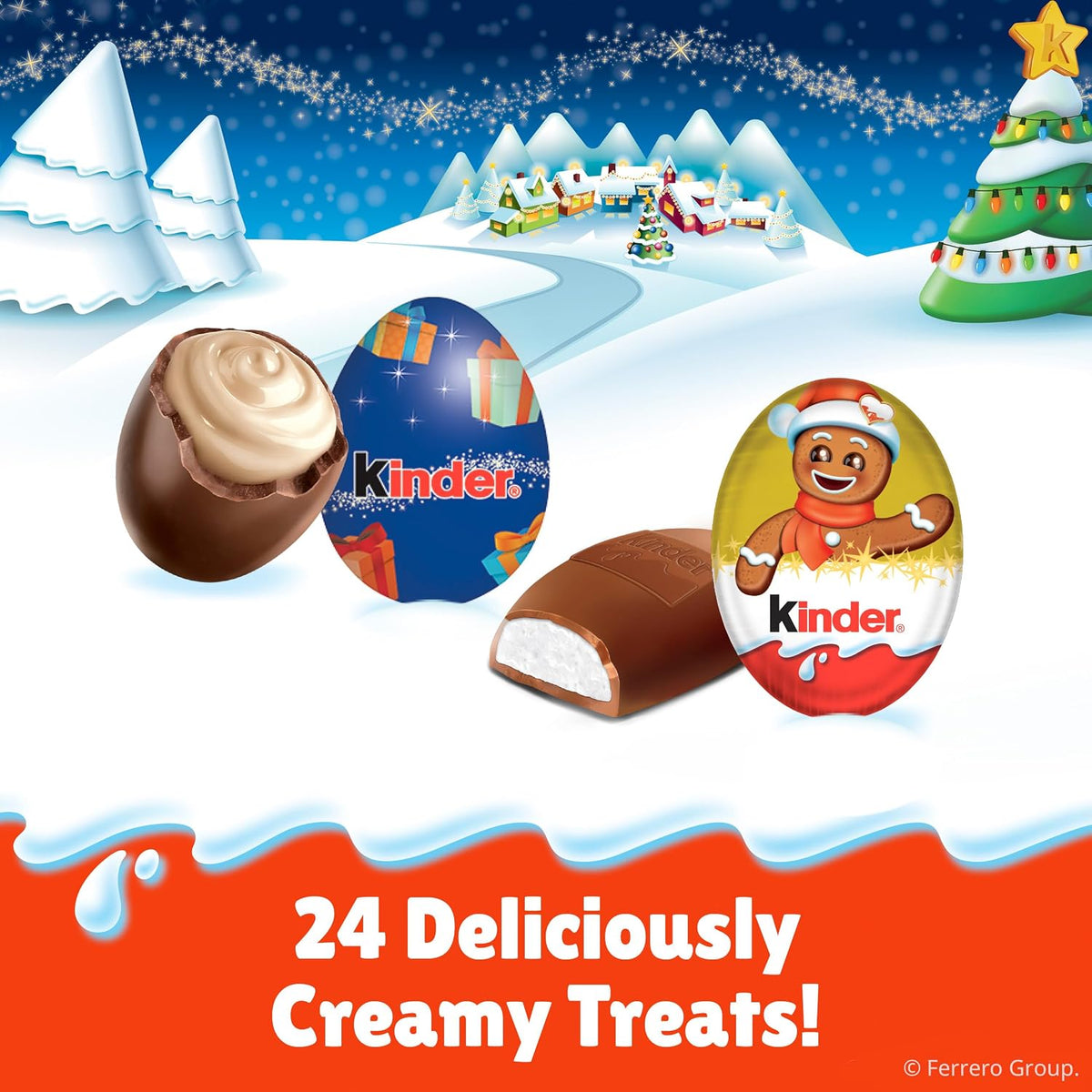 Kinder chocolate holiday assortment display revealing mini bueno pieces and cream filled chocolates inside