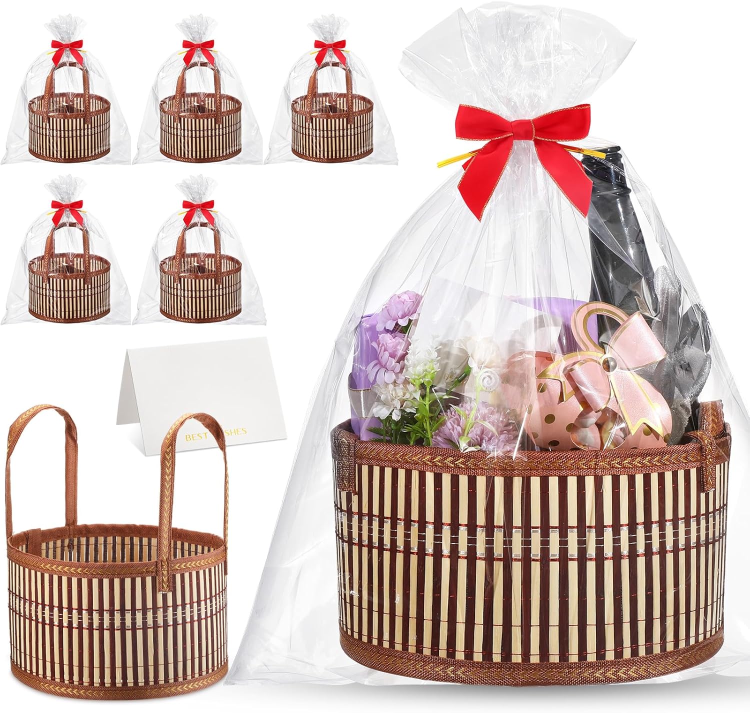 Weysat 6 set empty gift baskets kit front view showcasing woven bamboo texture.