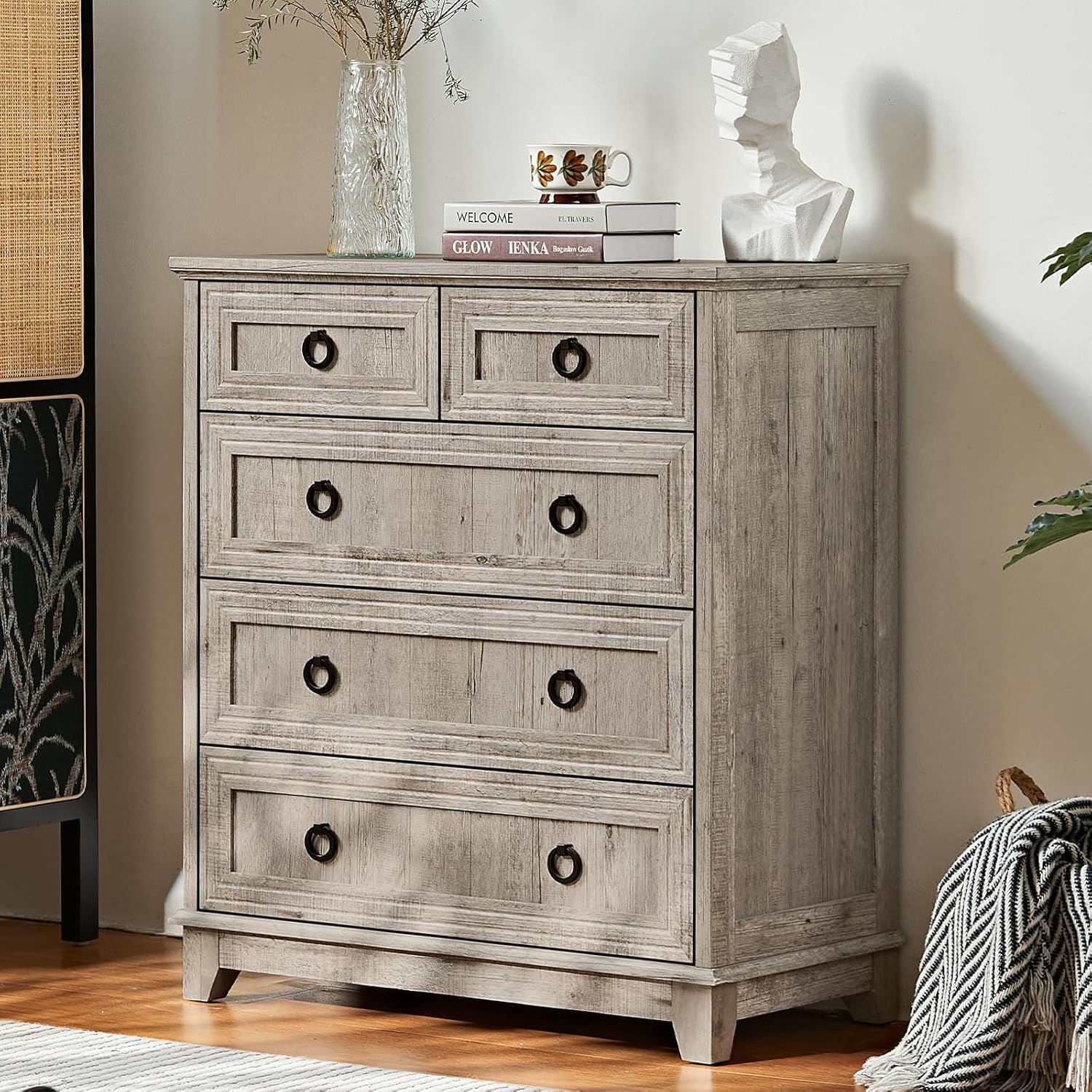 Joaxswe Farmhouse 5 Drawer Dresser front view rustic bedroom furniture