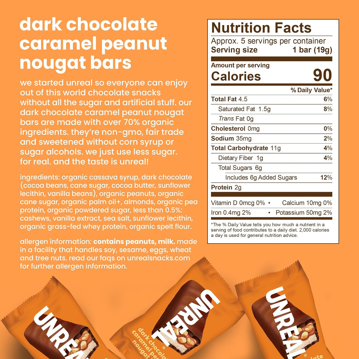 UNREAL milk chocolate gems bag showing non GMO product details.