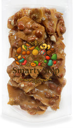 Side angle view of the traditional American butter peanut brittle snack packaging