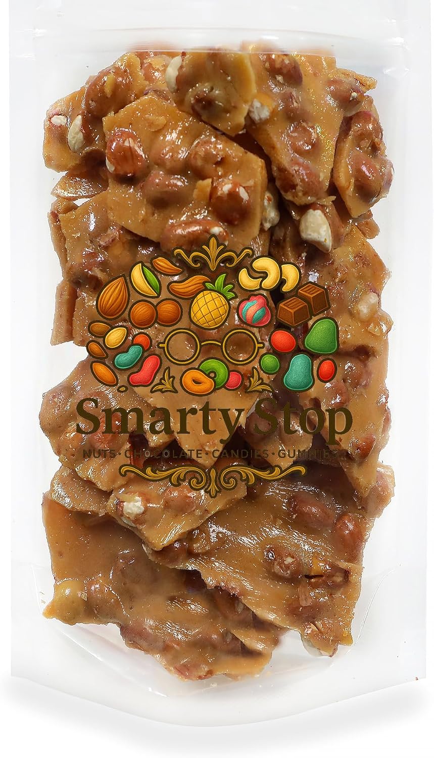 Side angle view of the traditional American butter peanut brittle snack packaging