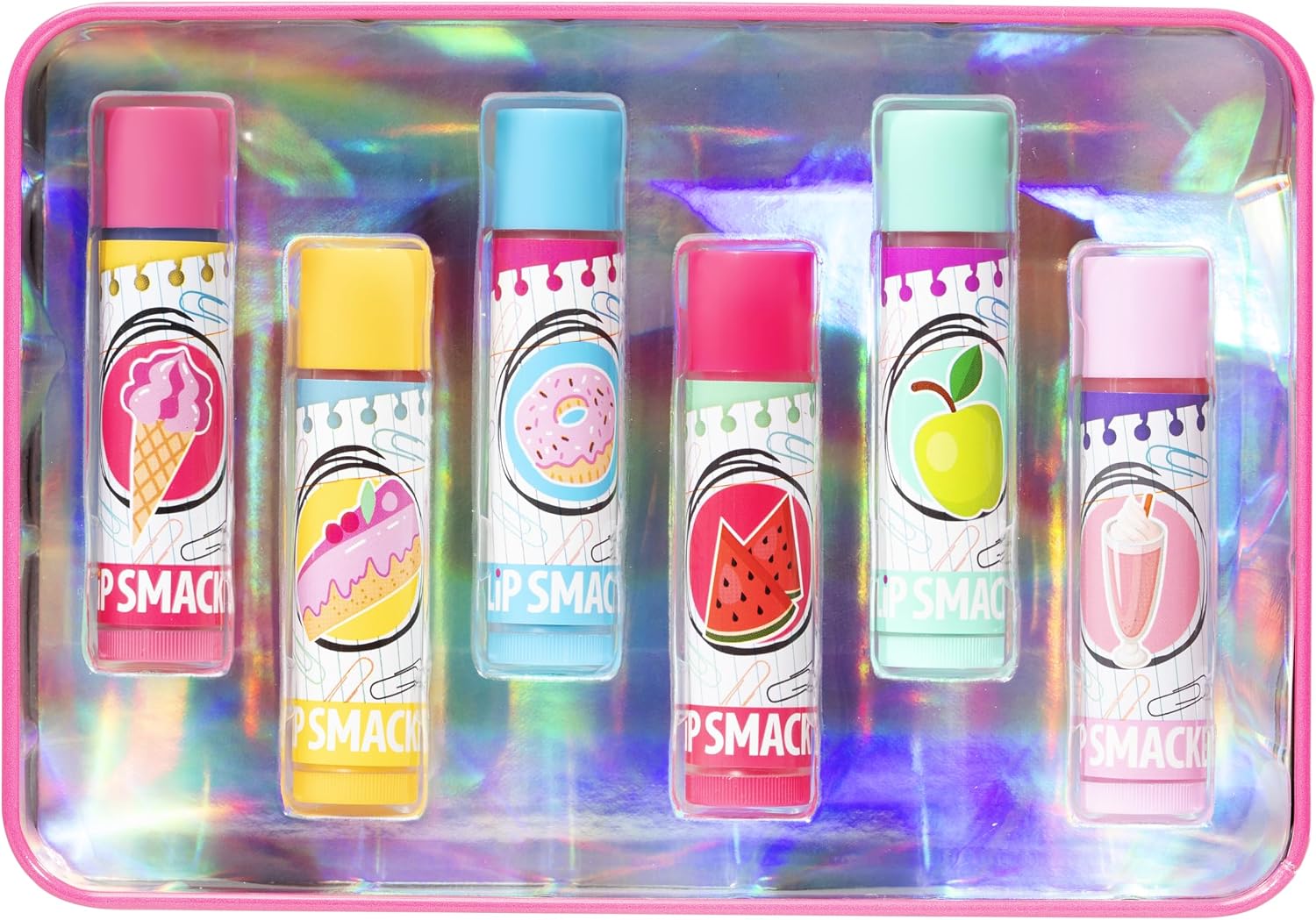 Lip Smacker Mash tin open showing six flavored lip balms