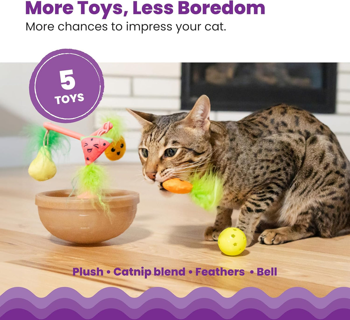 Multicolor cat toy set including dangling plush fruit components