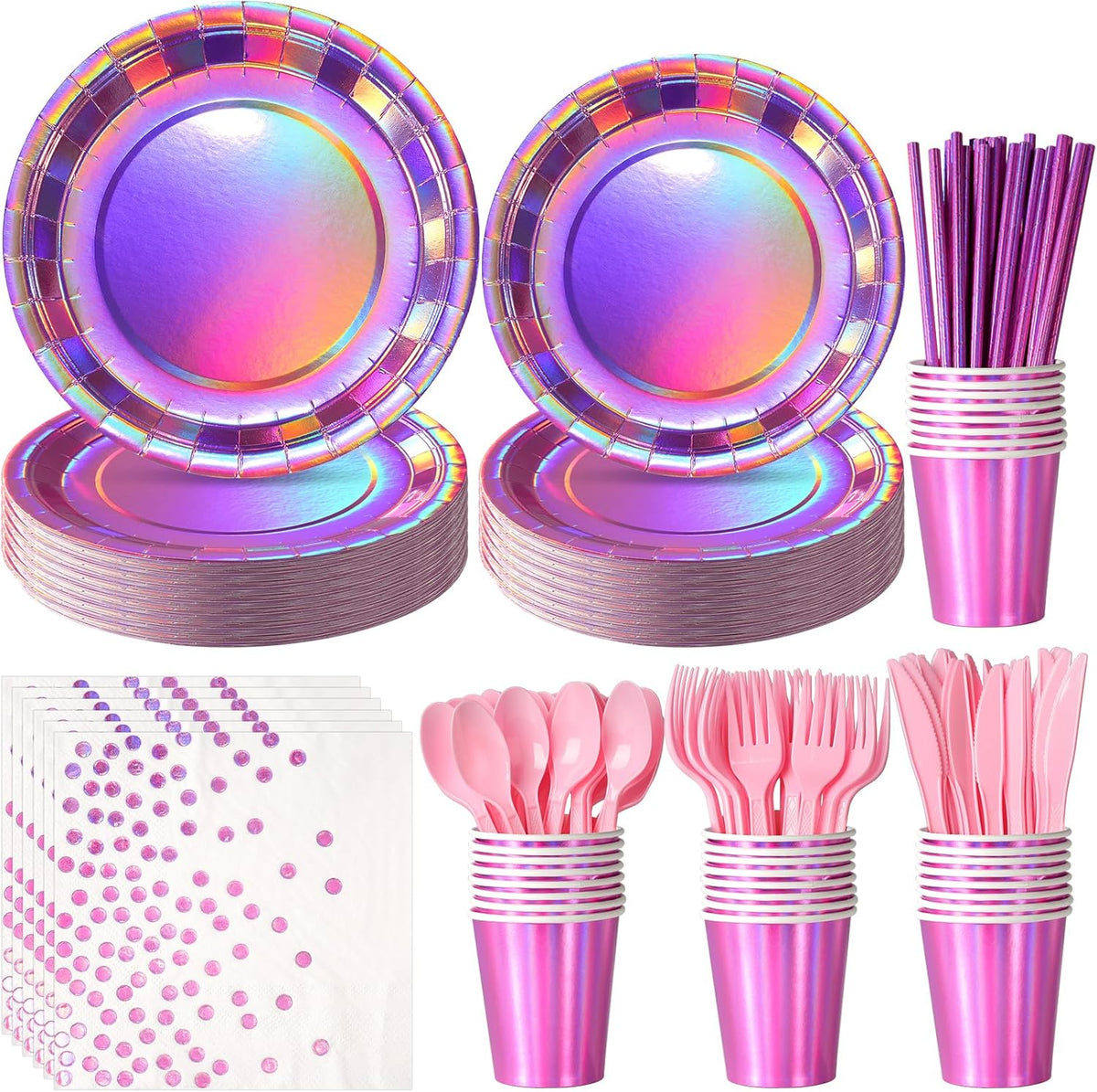 FunnyPars Iridescent Pink Party Supplies Set front view showing 200 piece holographic tableware.