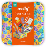 Welly First Aid Kit 130 count yellow adventure tin front view showing imported first aid supplies.