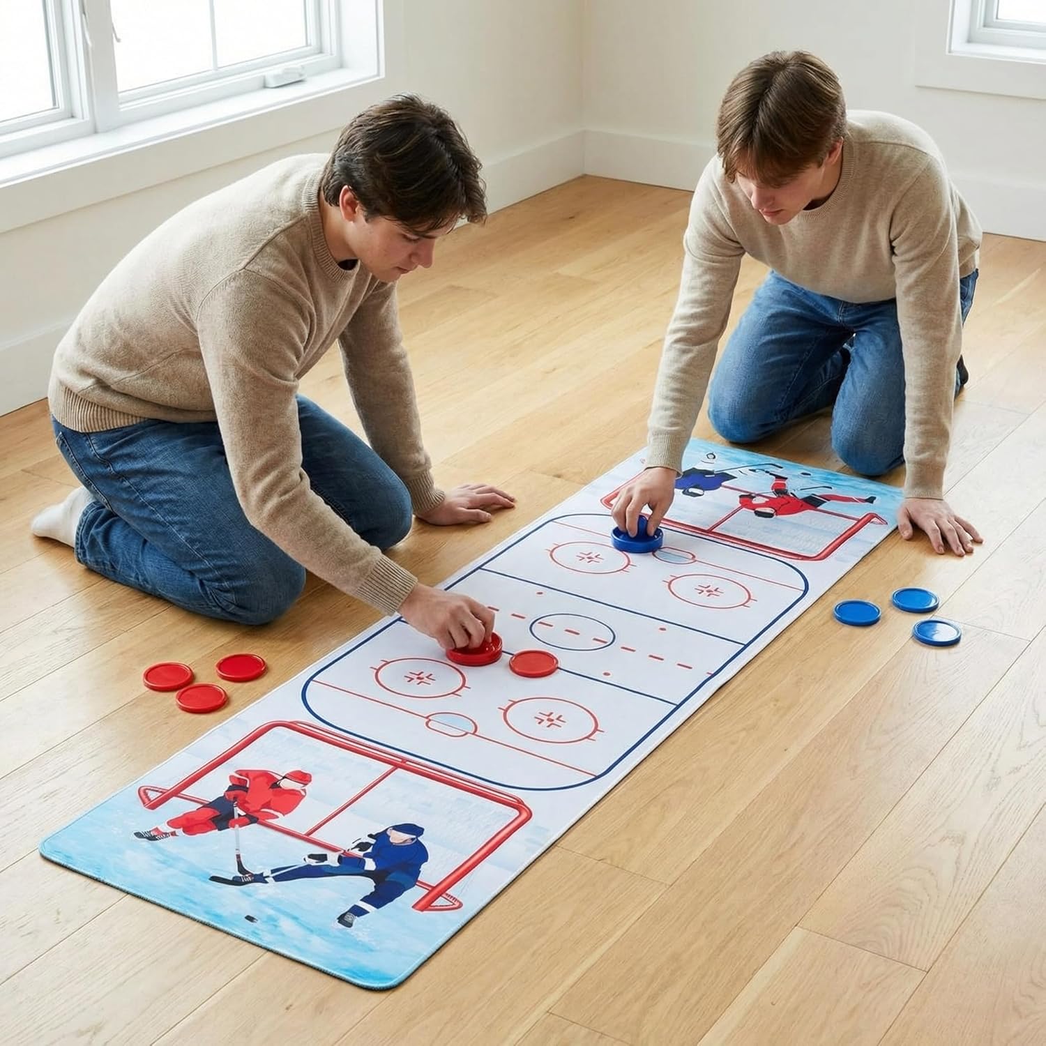 Teyva Daily air hockey table runner set front view showing tabletop game setup.