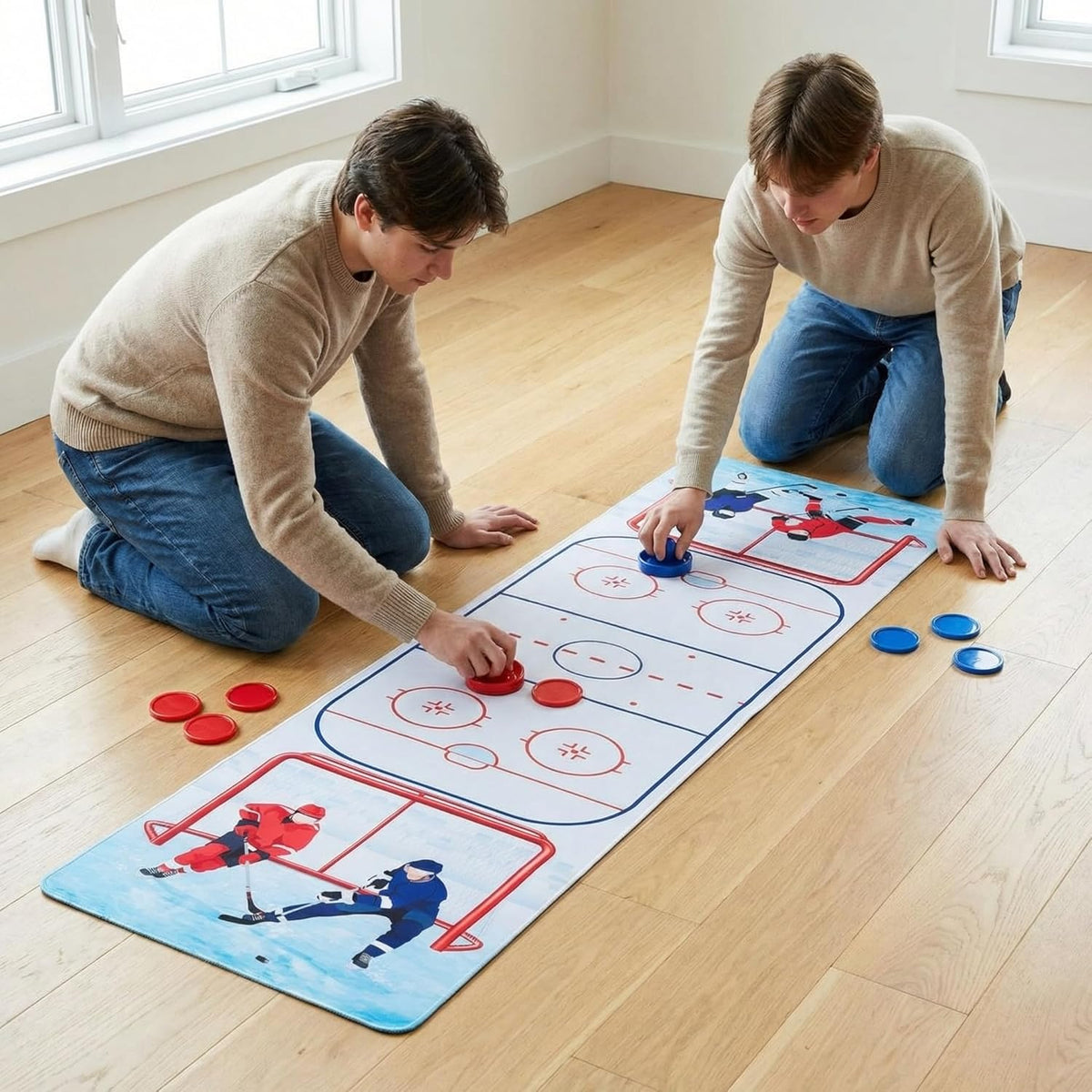 Teyva Daily air hockey table runner set front view showing tabletop game setup.