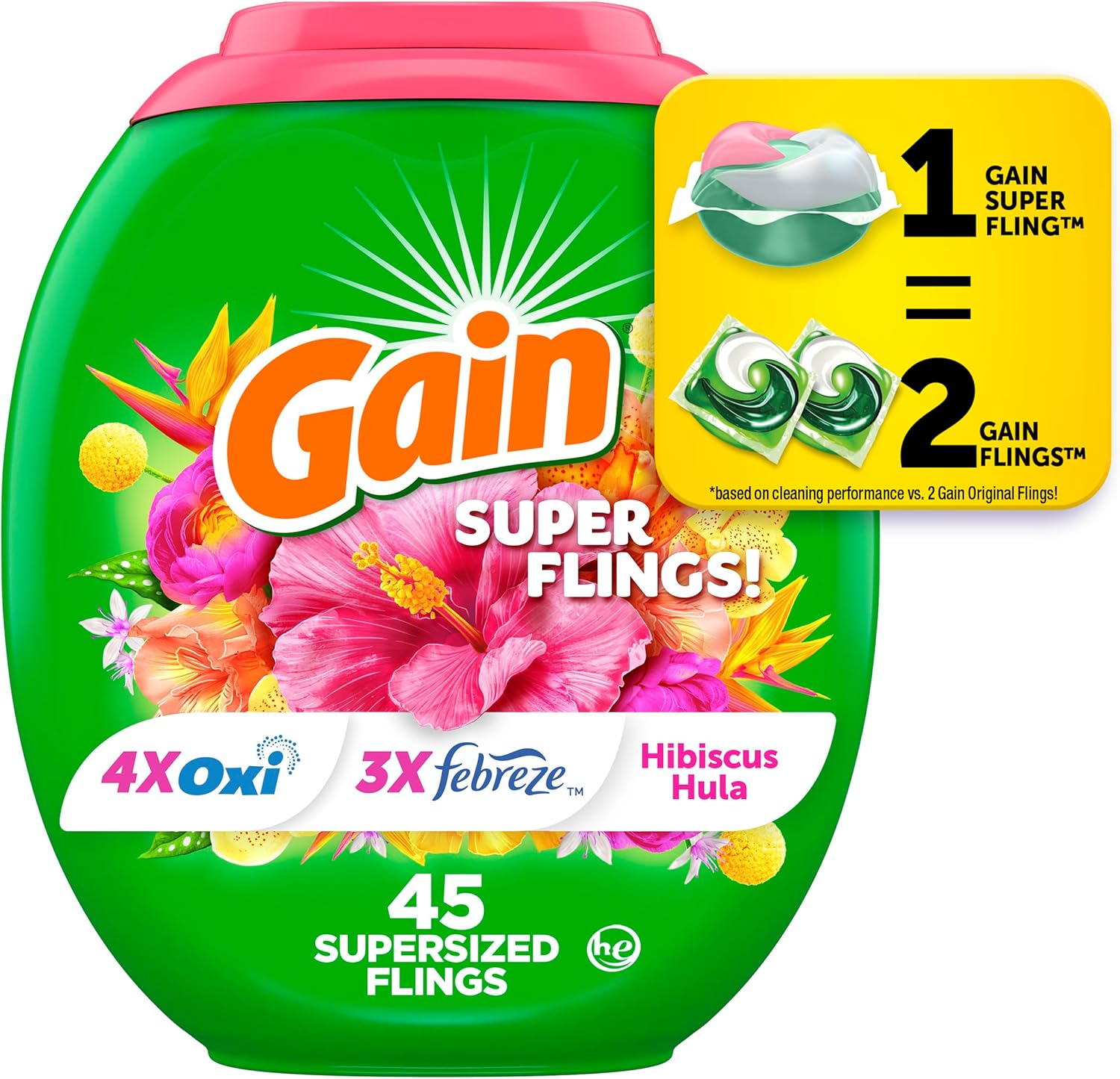 Gain Super Flings Laundry Detergent Pacs Hibiscus Hula forty five count front packaging view