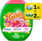 Gain Super Flings Laundry Detergent Pacs Hibiscus Hula forty five count front packaging view