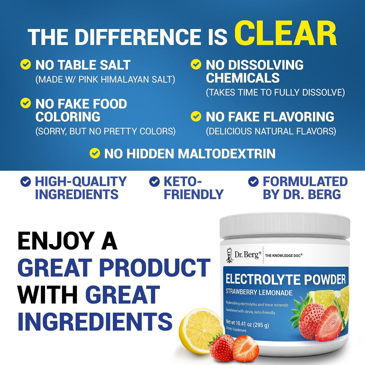 Authentic USA imported Dr. Berg keto hydration supplement scoop and powder texture.