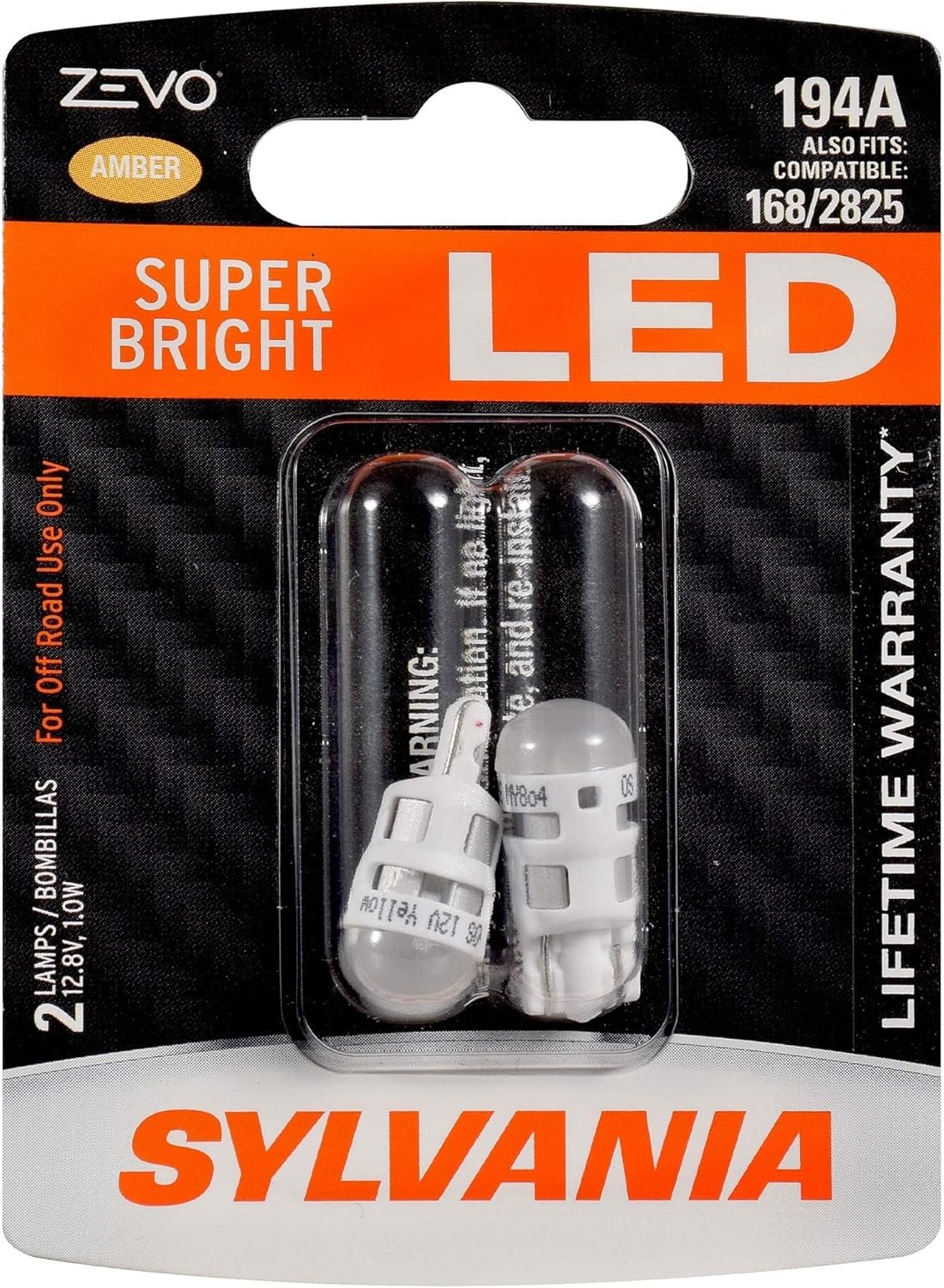 Sylvania Zevo 194 T10 W5W Amber LED Bulb front view twin pack for premium automotive interior lighting upgrades.