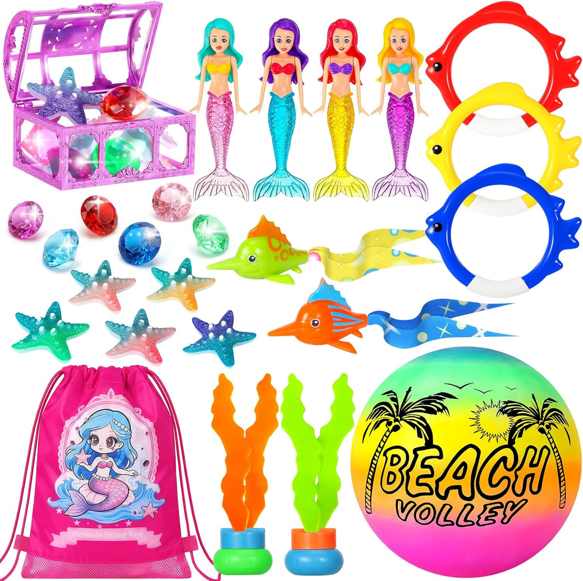DRAMATION mermaid pool diving toys set front view showcasing colorful sinking rings and gems