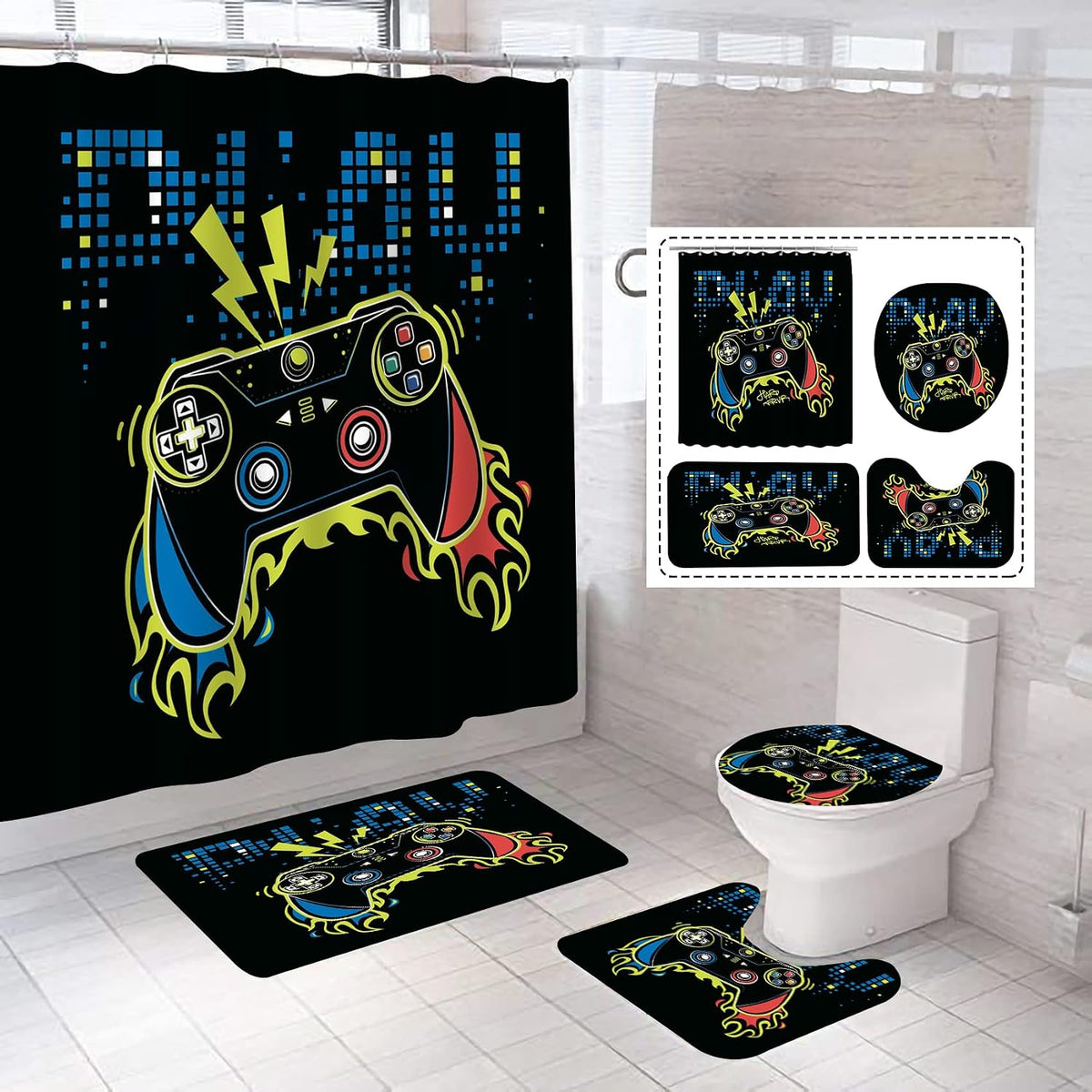 NORBEY 4 Pcs Play Game Shower Curtain Set, Classic Videogames Controller Bath Curtain with Anti-Slip Mat Toilet Cover Carpet Set and 12 Hooks, Black Comic Style Bathroom Decor Set 72 x 72 Inch - Image 12