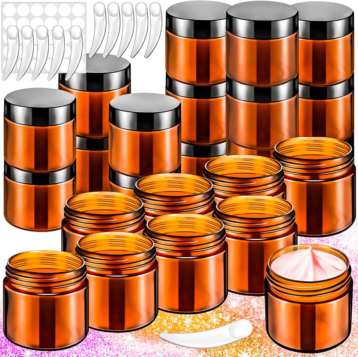 Motbach 16 pack amber plastic cosmetic jars front view