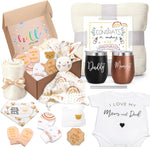 GEMTEND pregnancy gift set premium collection flat lay view showing parent tumblers and baby clothes