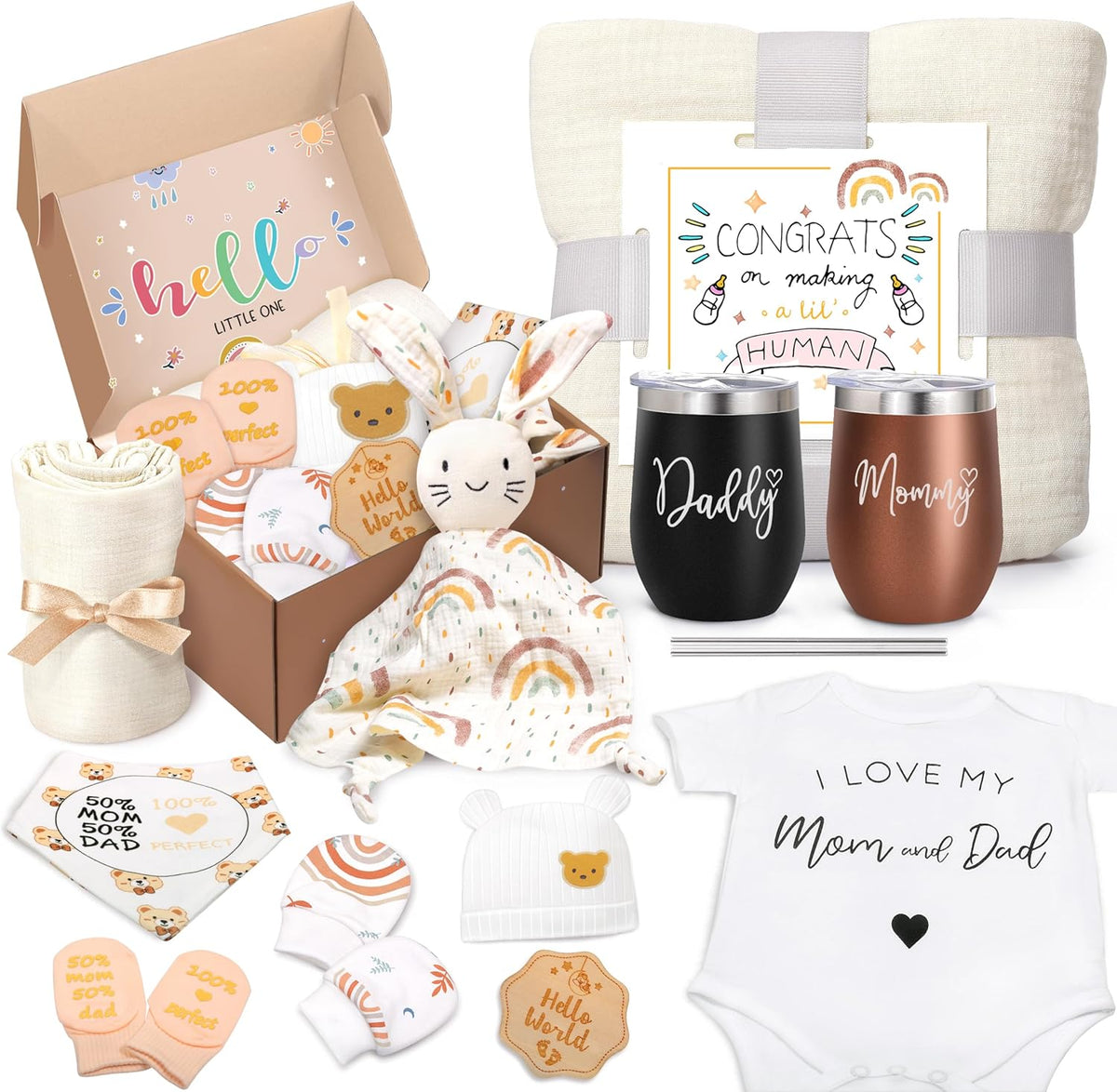 GEMTEND pregnancy gift set premium collection flat lay view showing parent tumblers and baby clothes