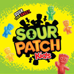 Vibrant blue raspberry and red berry flavored sour then sweet kid-shaped candies arranged outside the packaging.