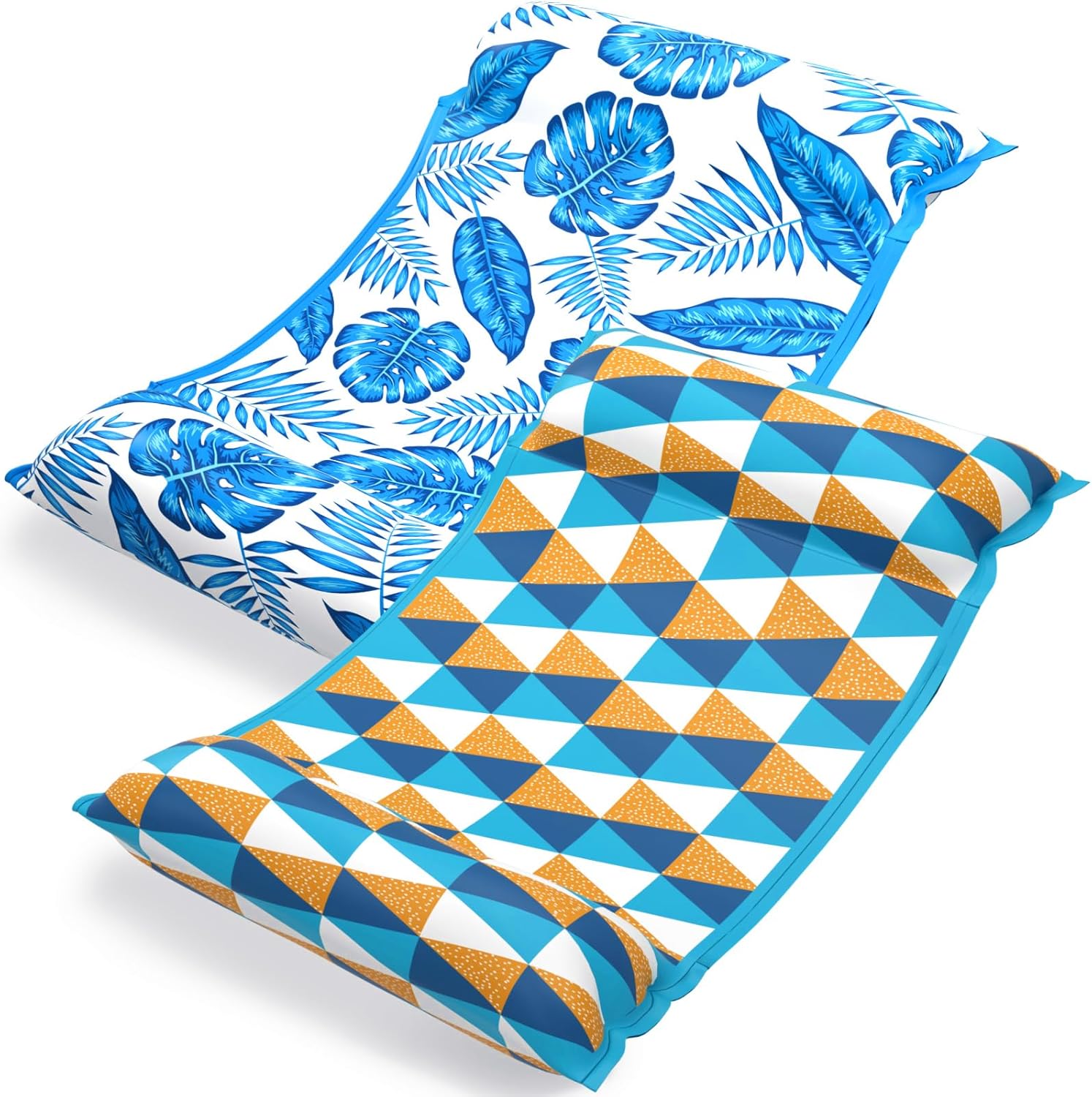 Jasonwell Inflatable Water Hammock Pool Floats 2 Pack front view showcasing vibrant leaf and geometric designs.