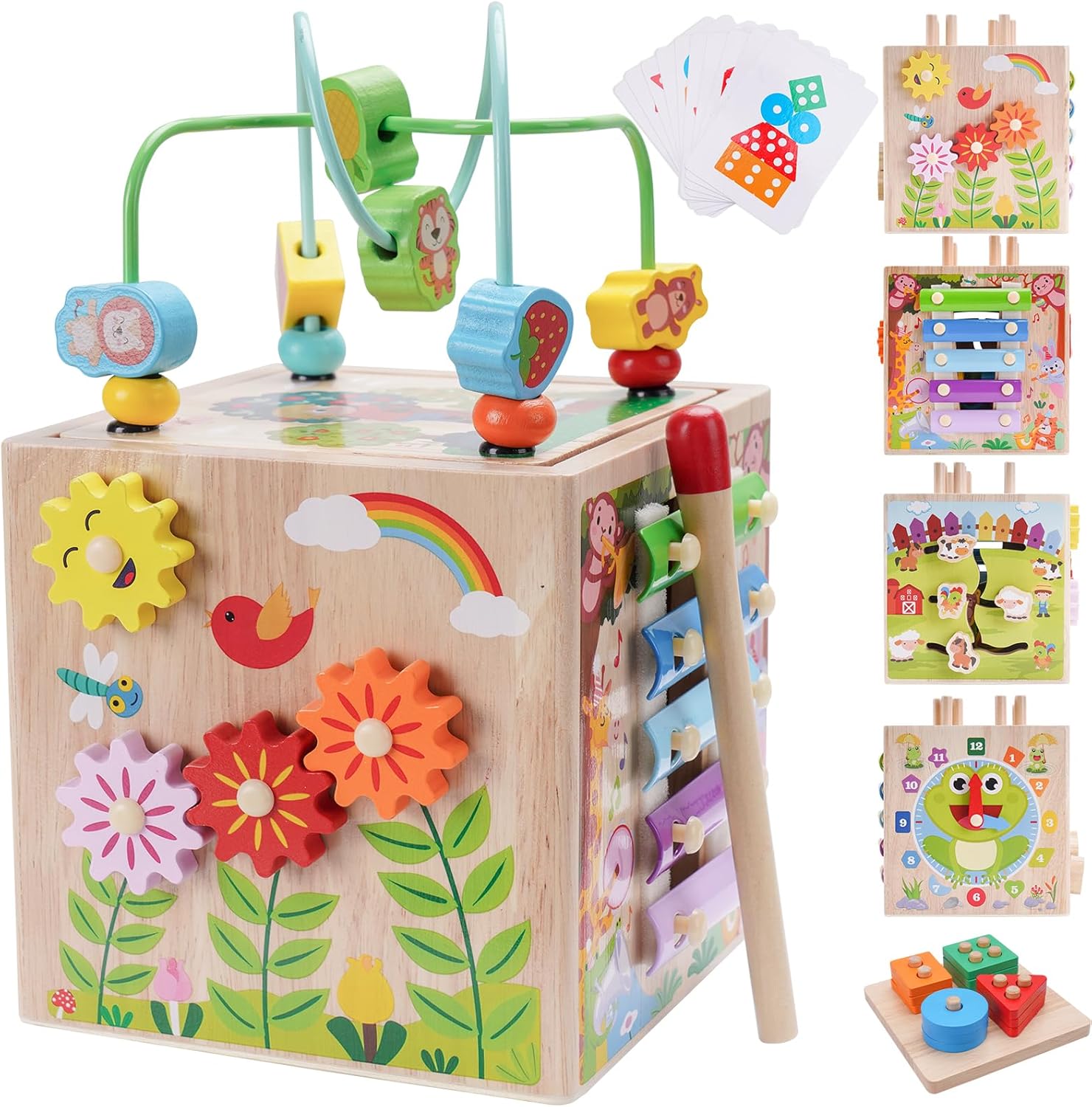 KMTJT Wooden Activity Cube front view featuring the pink bead maze and shape sorter panel.