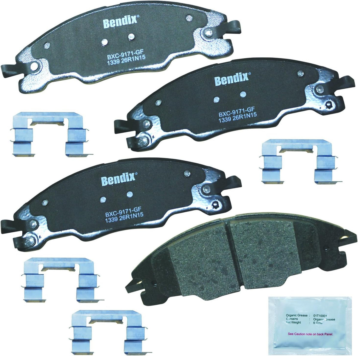 Bendix ceramic front brake pads front view with hardware