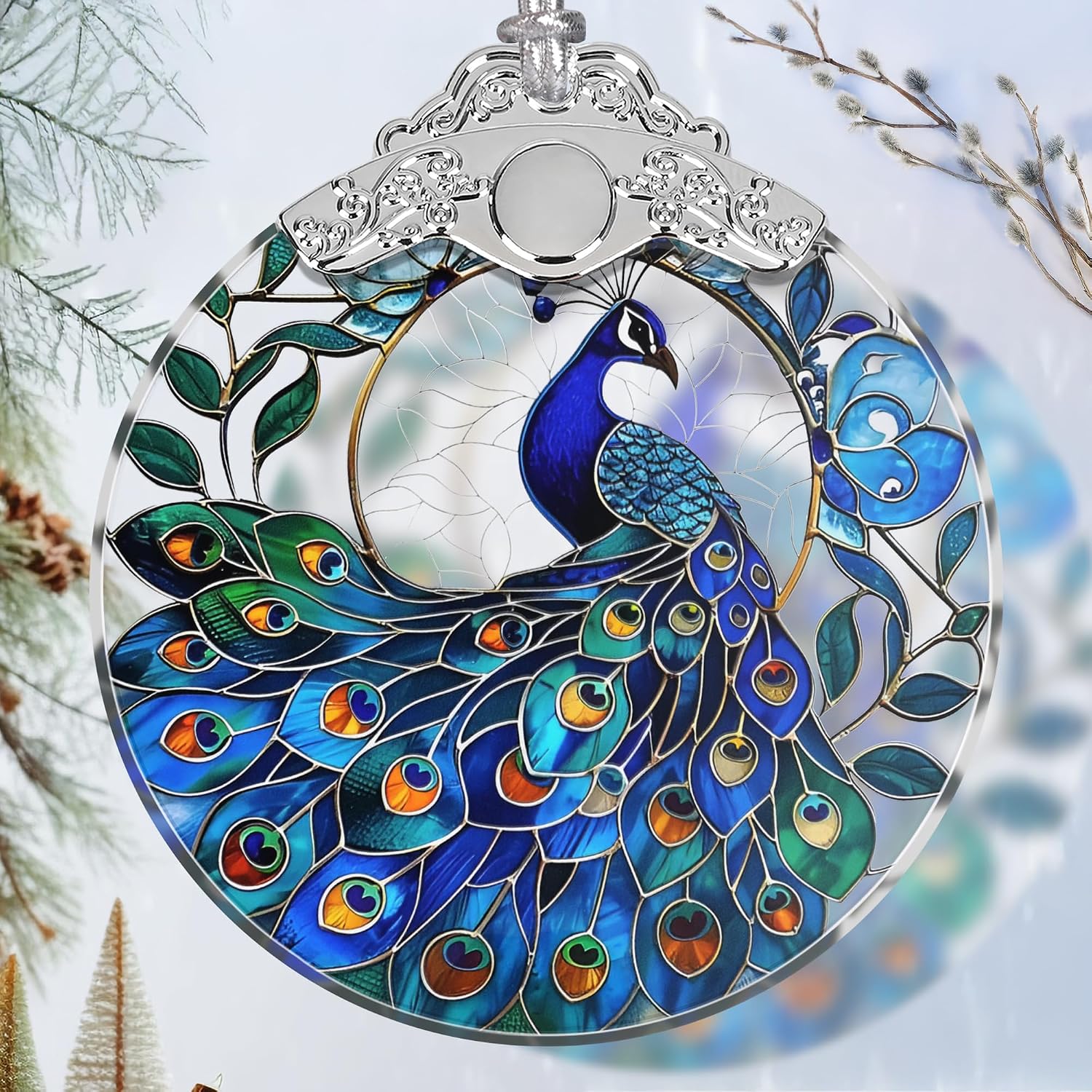 Jocidea peacock stained glass suncatcher ornament front view