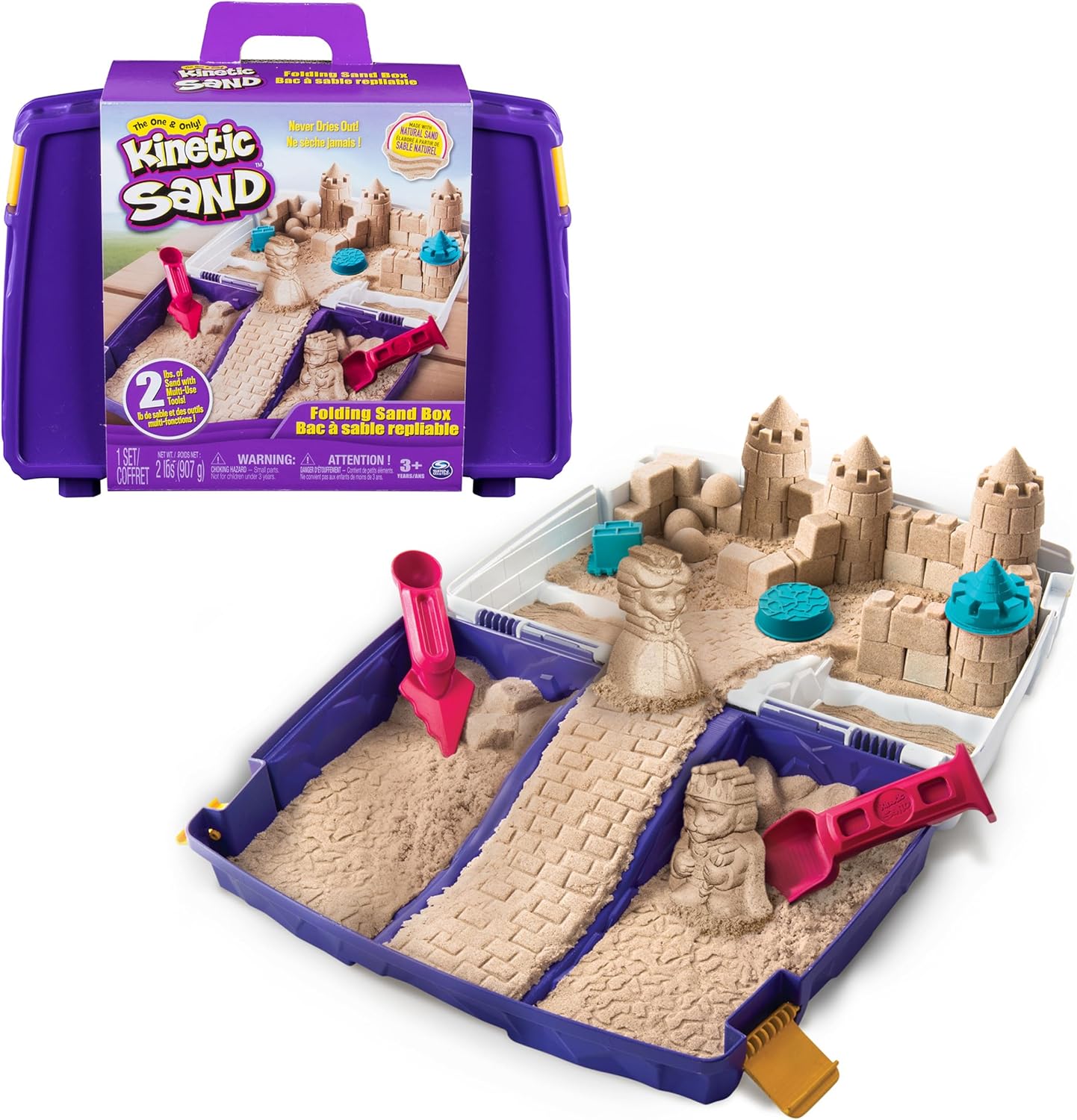 Kinetic Sand Folding Sand Box front view of closed purple carry case container