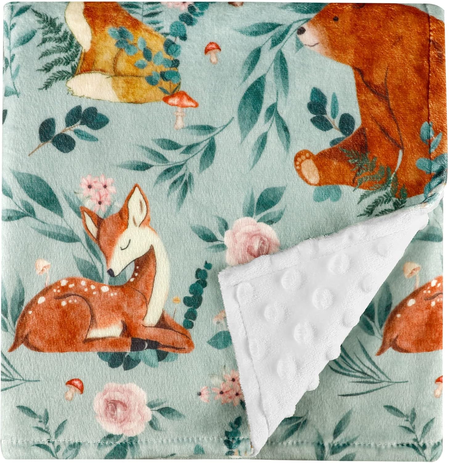 TANOFAR Minky Baby Blanket front view showcasing the cute woodland animals print.