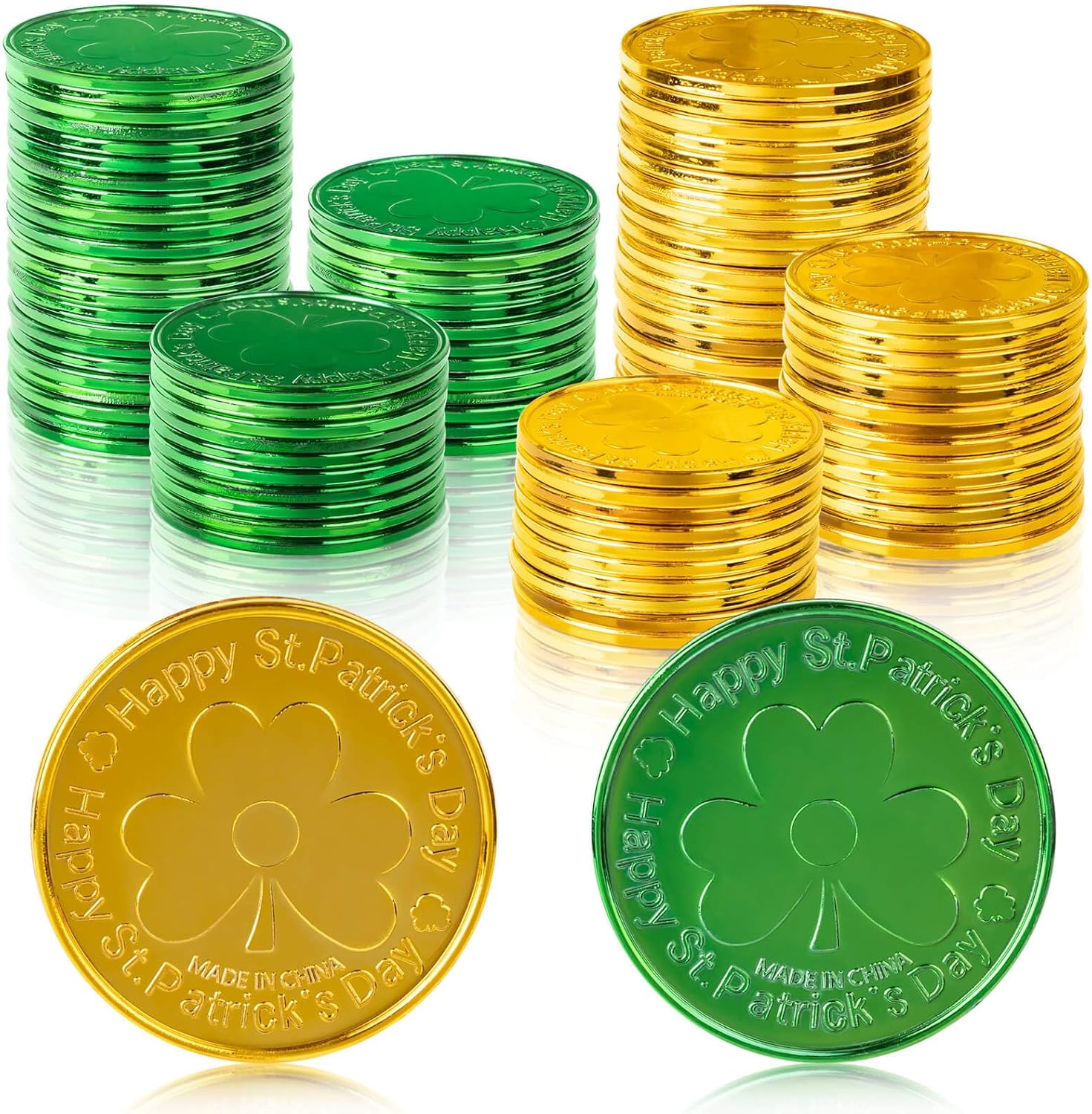 LOJAYUVE St Patricks Day Shamrock Plastic Coins front view showing green and gold tokens