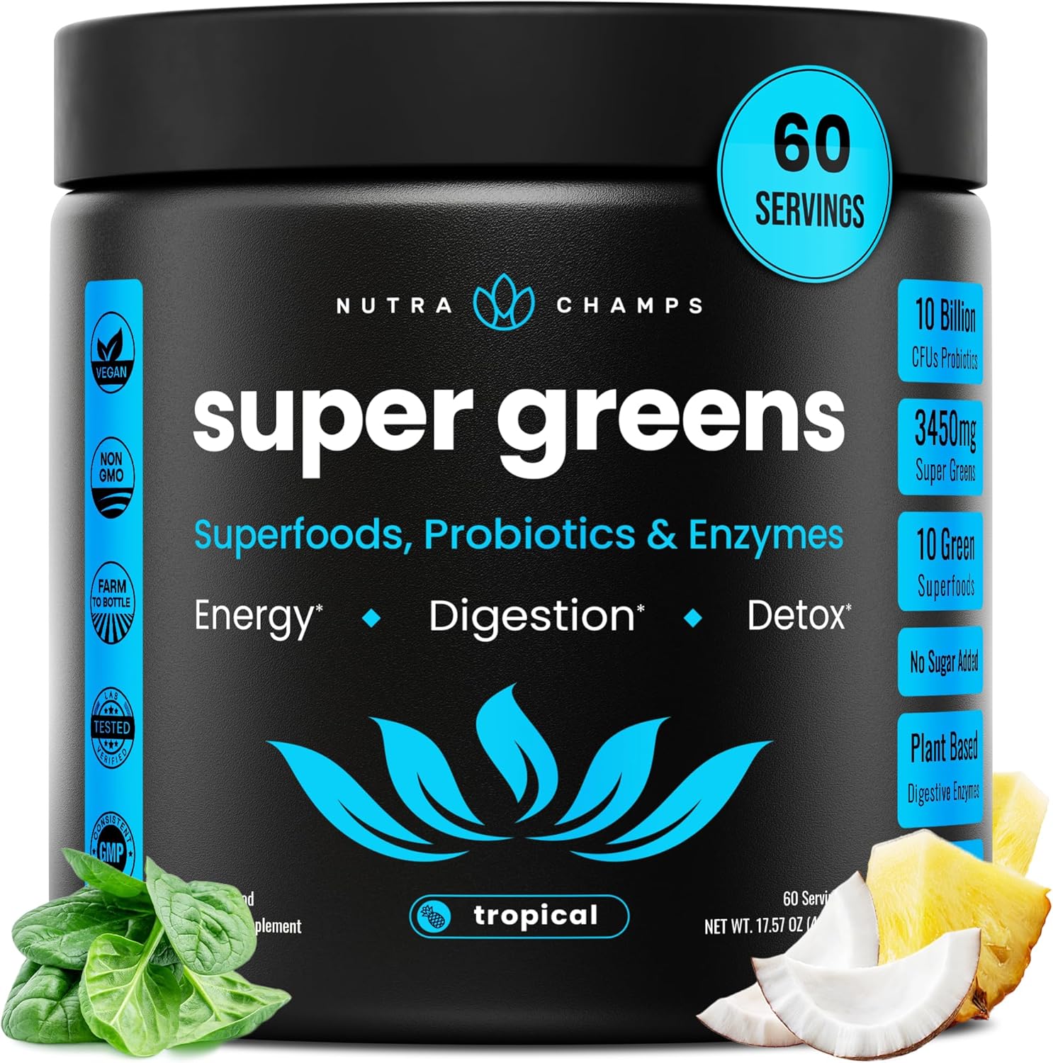 NutraChamps Super Greens Powder Premium Superfood front view packaging showcasing tropical flavor