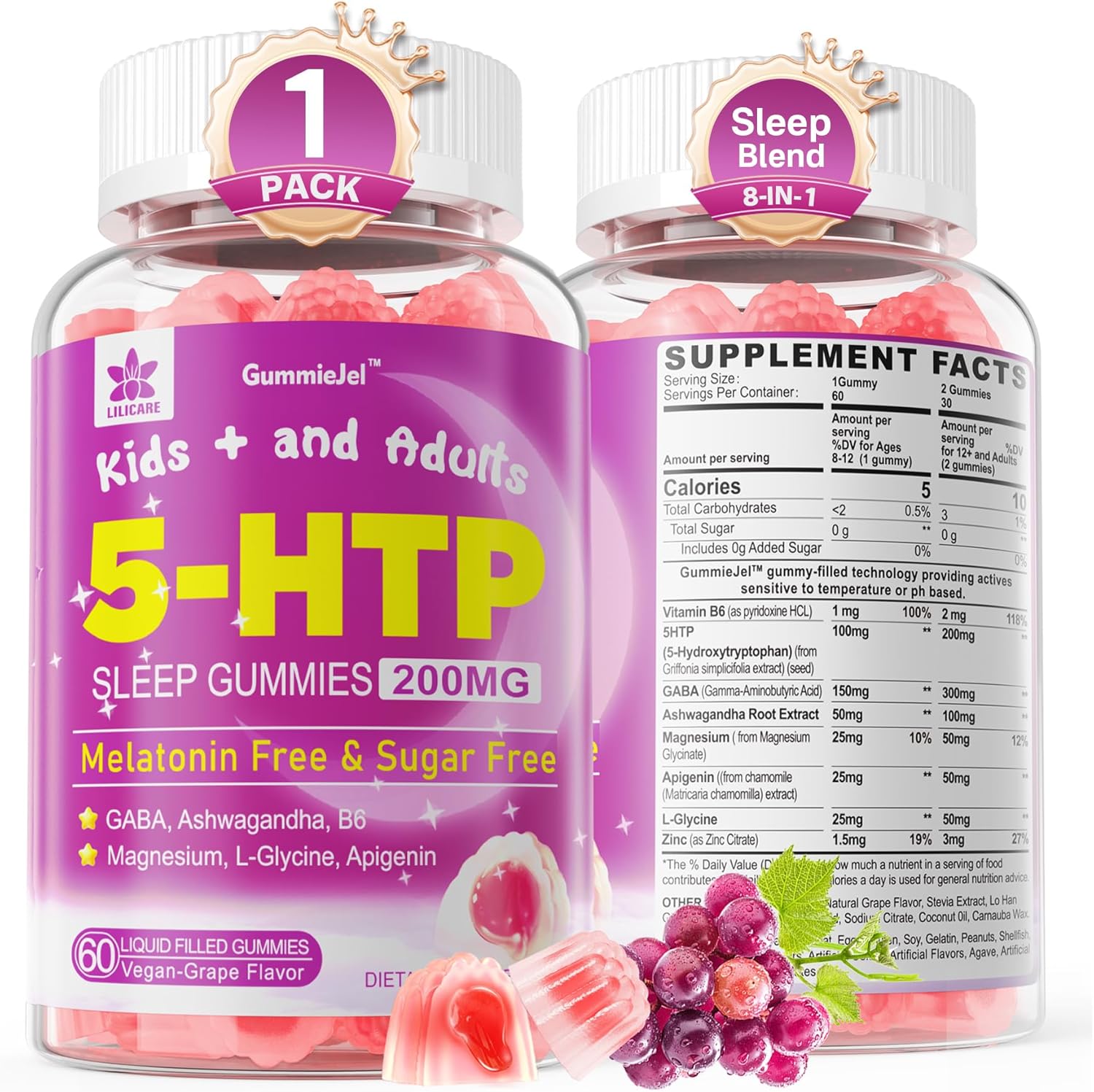 Lilicare 5HTP Gummies 60 count bottle front view for sleep support.