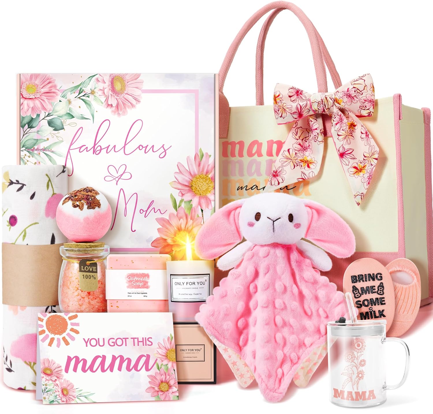 Fortuning's JDS new mom gifts and baby girl gift set front view showing full twelve piece pink hamper contents.