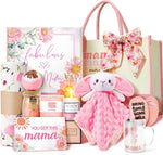 Fortuning's JDS new mom gifts and baby girl gift set front view showing full twelve piece pink hamper contents.