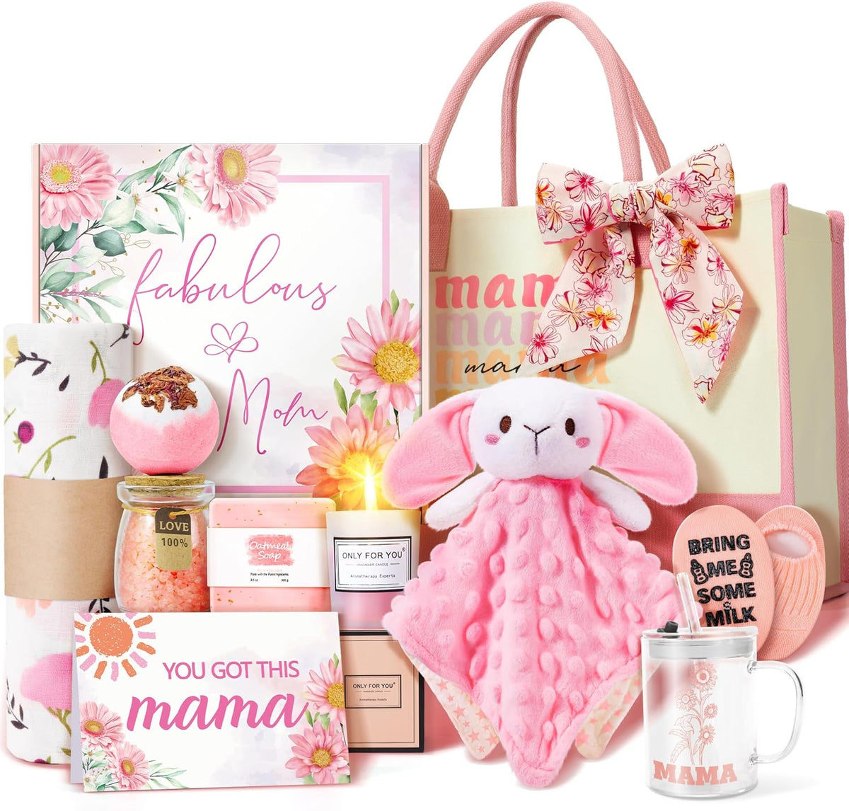 Fortuning's JDS new mom gifts and baby girl gift set front view showing full twelve piece pink hamper contents.