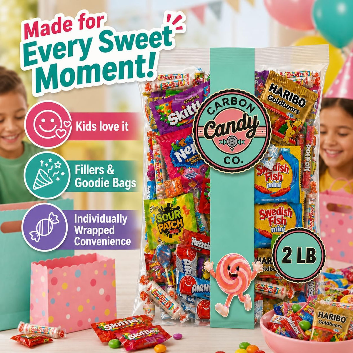 Party favor bags filled with assorted bulk candy