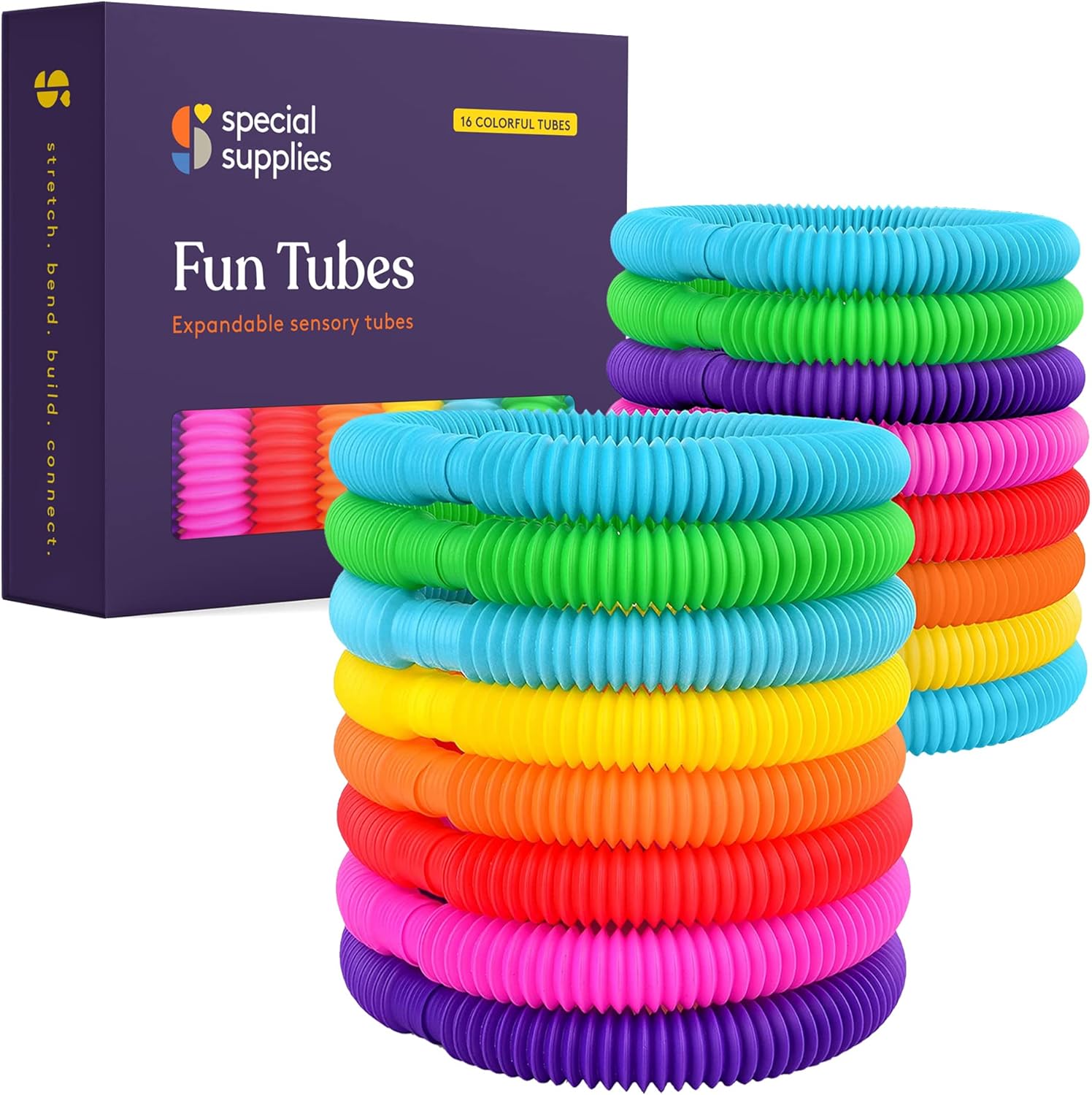 Special Supplies Fun Pull and Stretch Tubes front view showing colorful 16 pack packaging for sensory play.