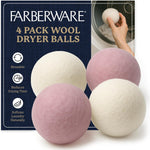 Farberware Wool Dryer Balls 4 Pack front view showing white and pink eco friendly laundry spheres.