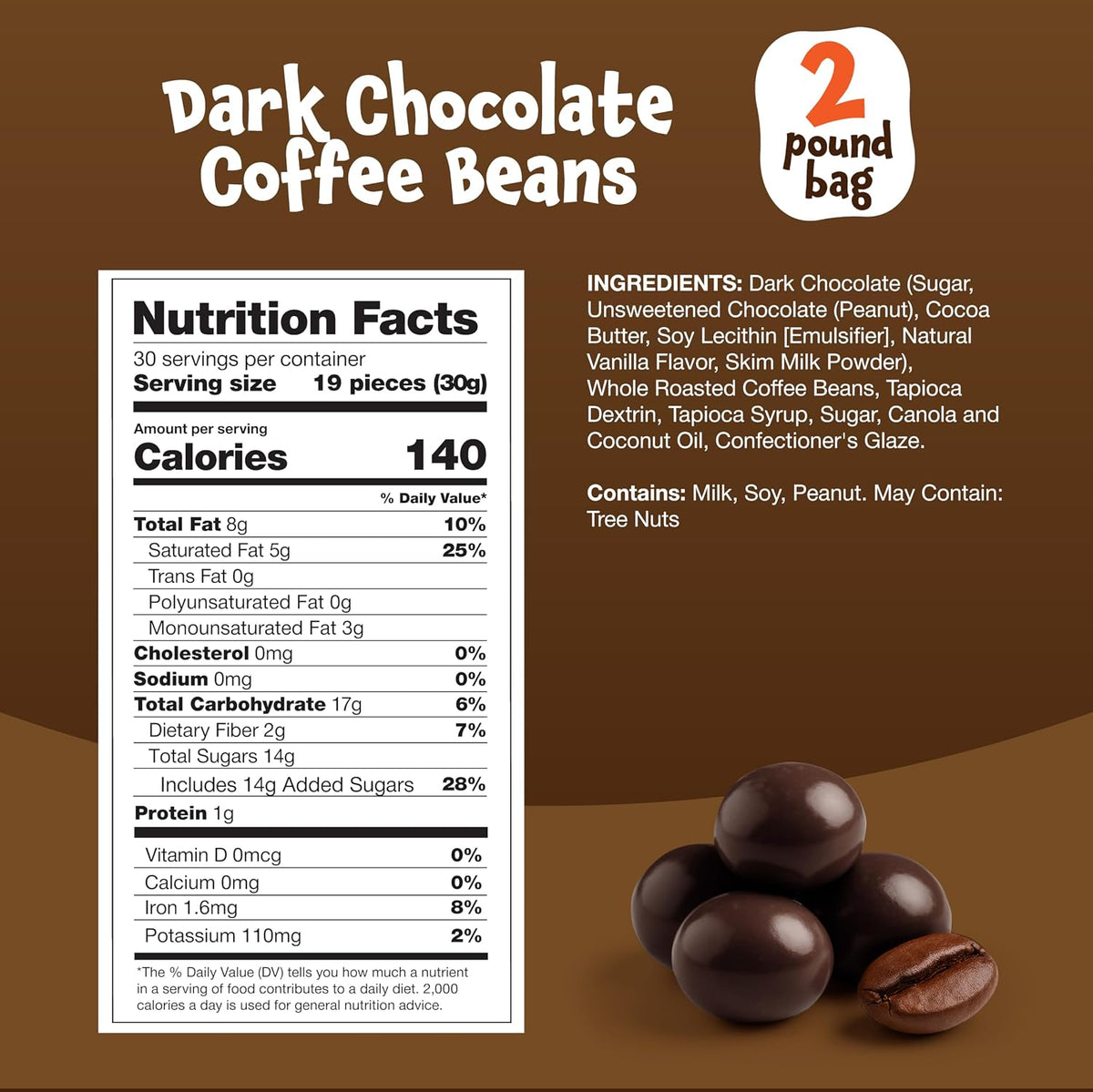 Premium dark chocolate coated roasted espresso beans scattered on a table