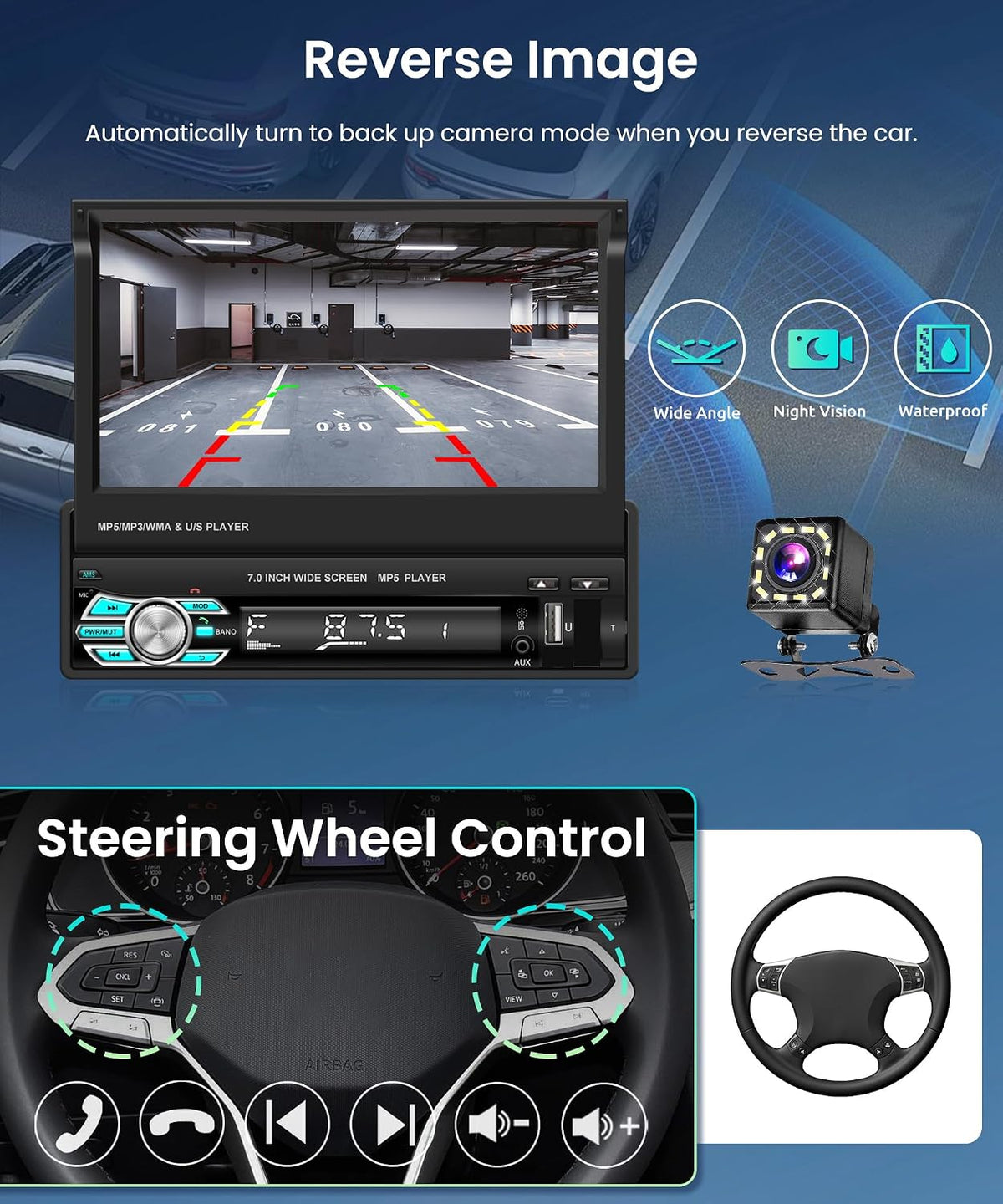 Rimoody car MP5 player connected to backup camera display view