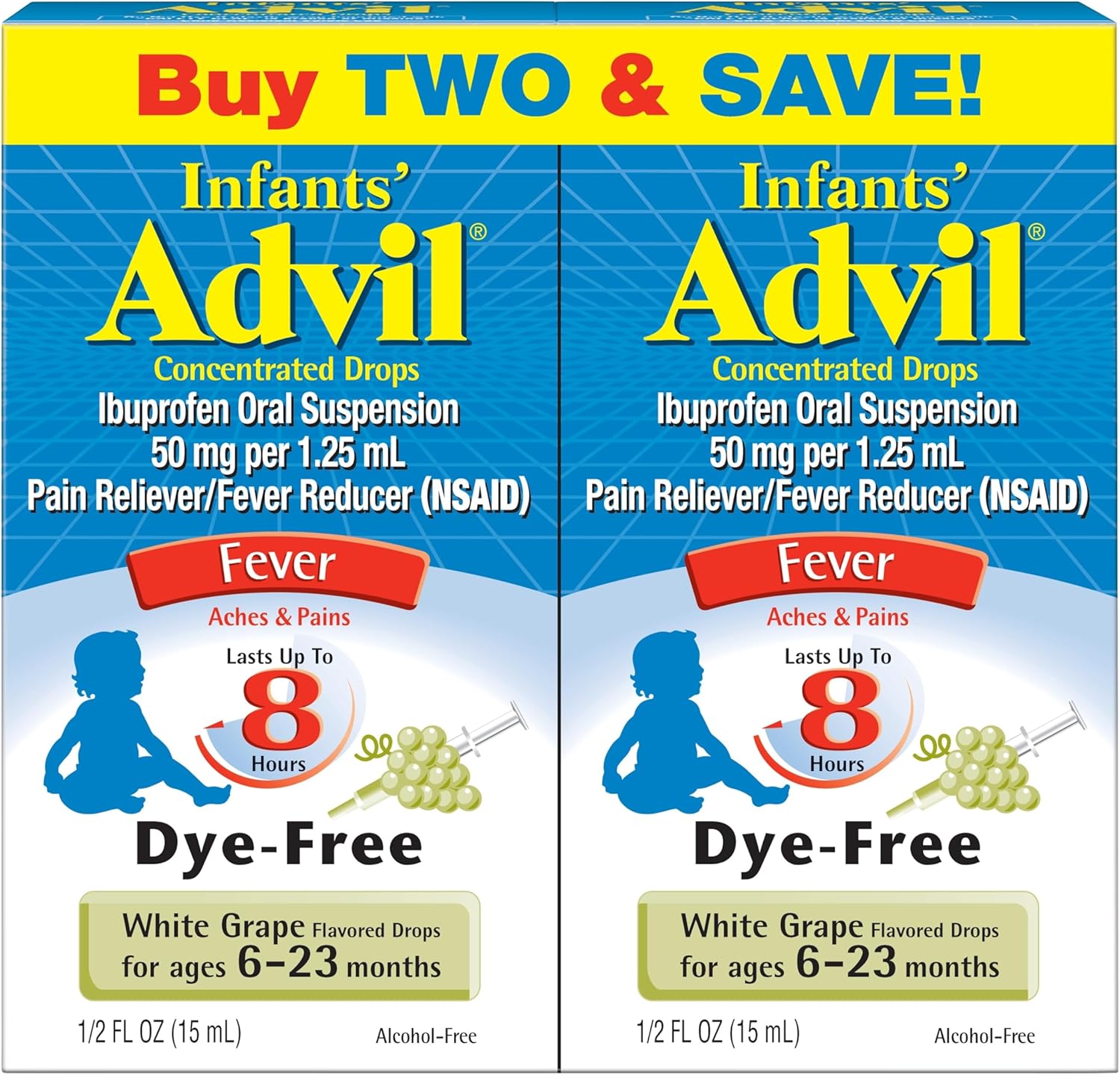 Advil Infants' Liquid Pain Reliever front view packaging showing dye-free white grape flavor.