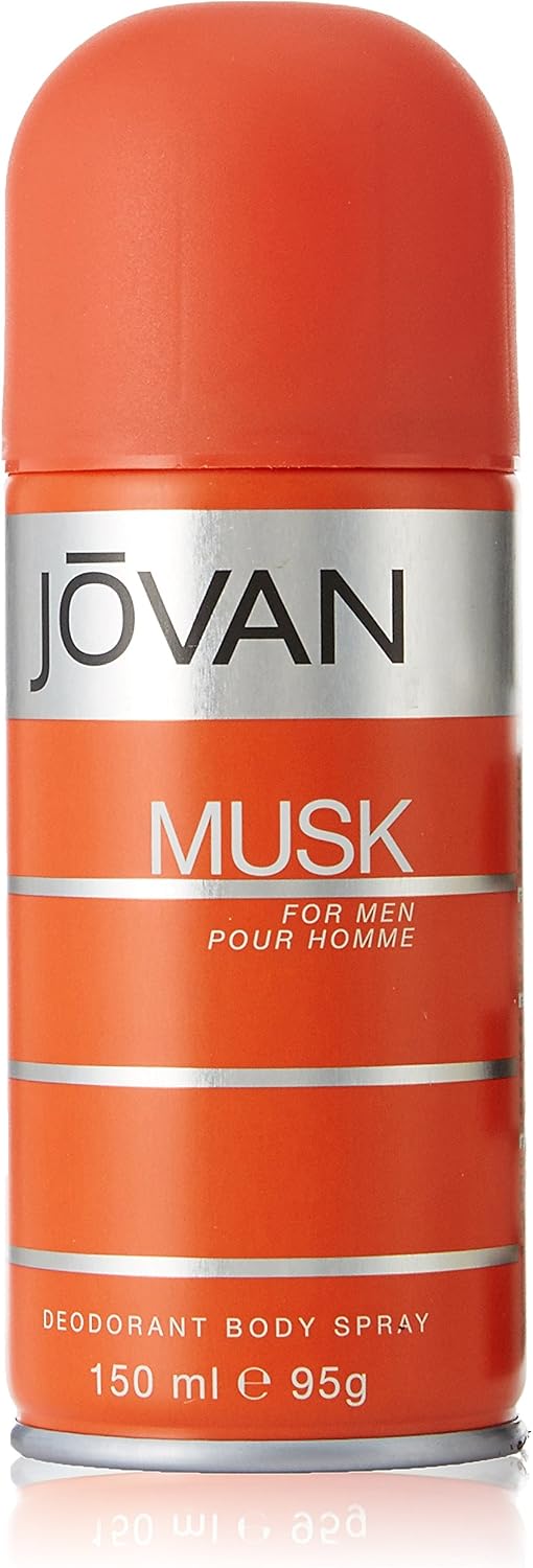 Jovan Musk Deodorant Body Spray front view featuring authentic 150 ml canister for men