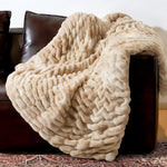 Blunique faux rabbit fur throw blanket front view plush tie-dye khaki
