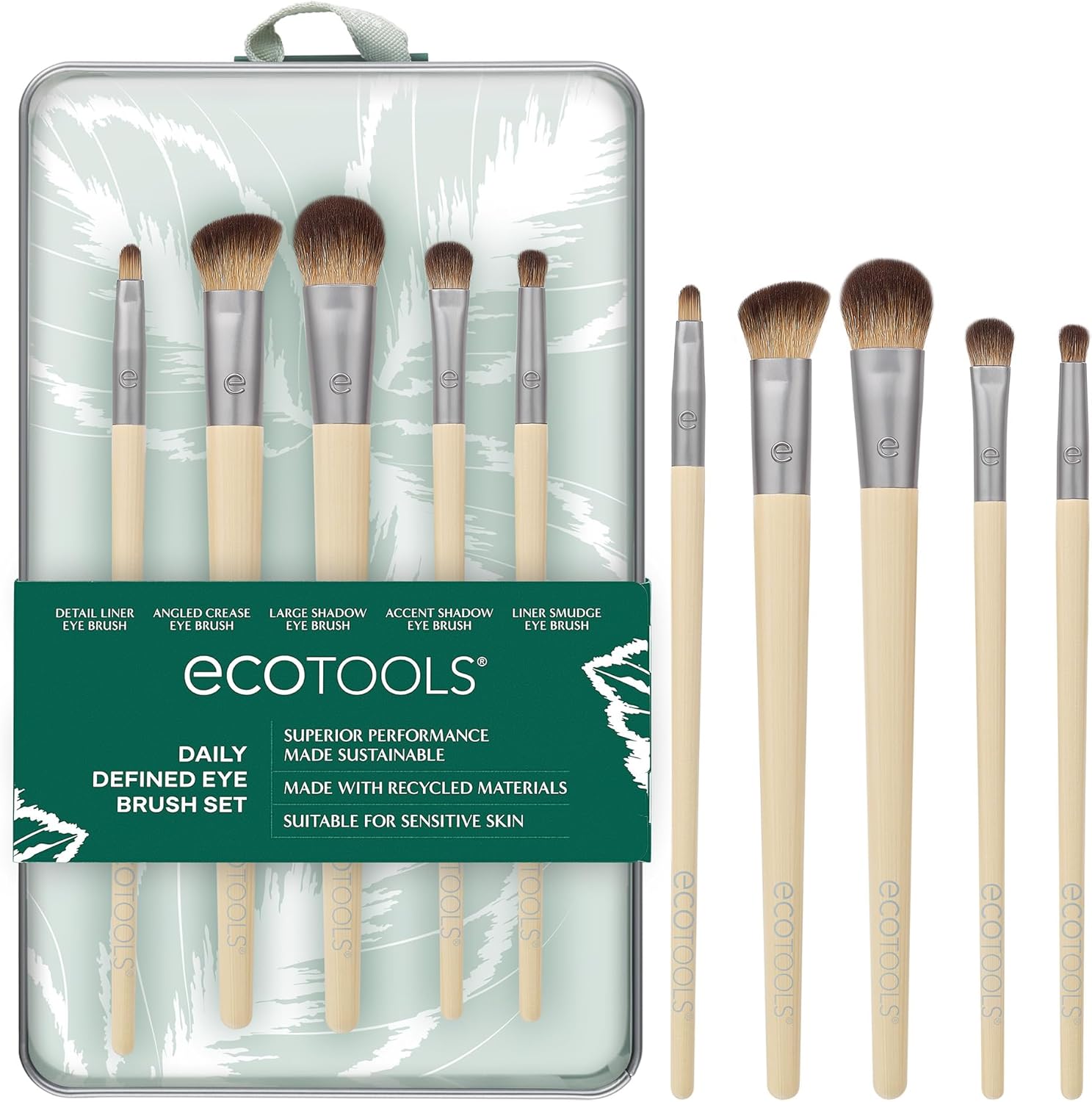 EcoTools Daily Defined Eye Brush Kit front view of 5 piece makeup brush set with storage tray
